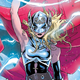 Jane Foster as Thor, raising her hammer into the sky as lightning crackles around her.